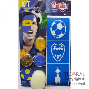 KIT MAQUILLAJE ARTISTICO BOCA JUNIORS AZUL AMARILLO Y GLIITER ORO  (6 GR) + ESPONJA+STENCIL